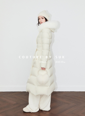 SUK 曼城旧事! 腰带收腰中长款90白鹅绒连帽毛领保暖羽绒服女新款