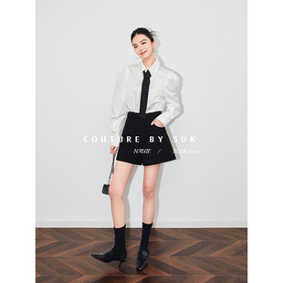 SUK 风格焦点！精梳长绒棉交织弹力贡缎泡泡袖领带衬衫