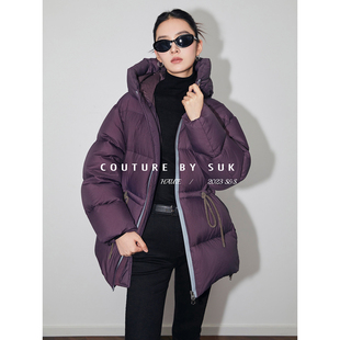 保暖 90白鹅绒设计感收腰连帽面包服羽绒服女时尚 SUK 太妃拿铁