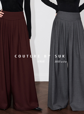 SUK 气场十足！气质高腰显瘦褶裥黑色阔腿裤女设计感小众秋季新款