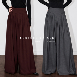 新款 SUK 女设计感小众秋季 气质高腰显瘦褶裥黑色阔腿裤 气场十足