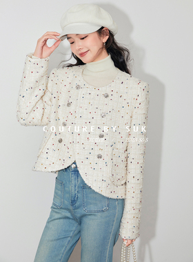 【现货】SUK ch@nel style！红色圆领短款双排扣小香风毛呢外套女