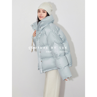 立领单排扣面包服羽绒服女厚90白鹅绒 黑色2025时尚 SUK 街拍达人