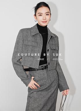 SUK 财阀千金！2025秋季短款毛呢外套直筒半身裙套装女气质两件套
