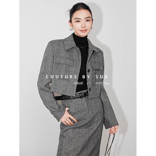 SUK 财阀千金！2025秋季短款毛呢外套直筒半身裙套装女气质两件套