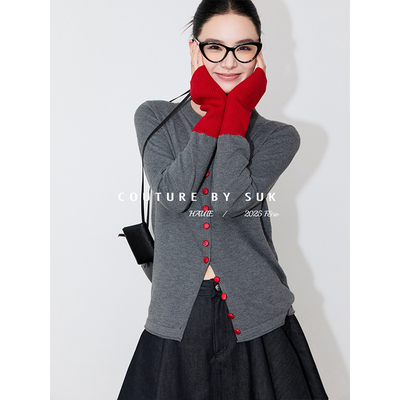 SUK 秋日雅韵！圆领撞色单排扣秋冬新款羊毛针织开衫女设计感上衣