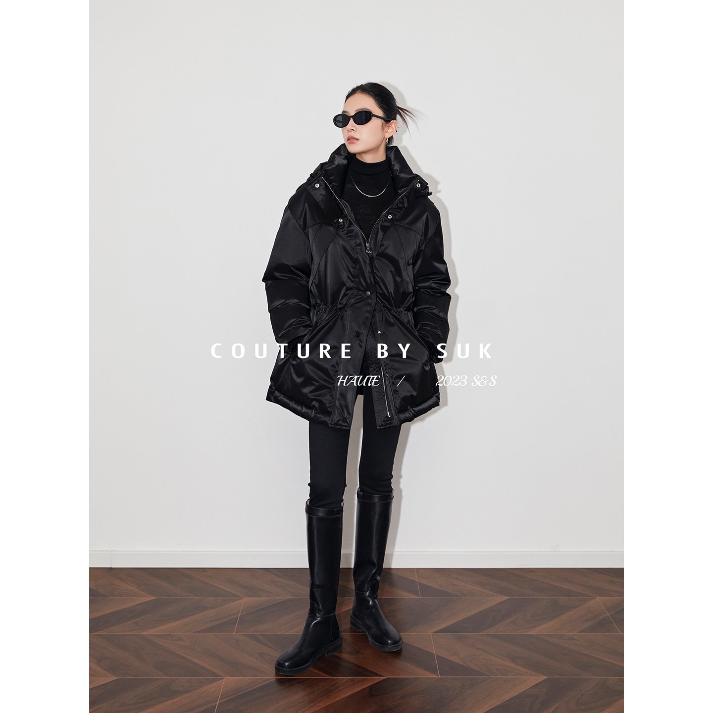 SUK 绒绒暖阳！高级感订制醋酸缎面料收腰宽松大版黑色羽绒服女