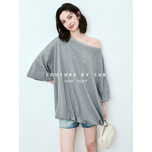 不对称一字领长袖T恤女