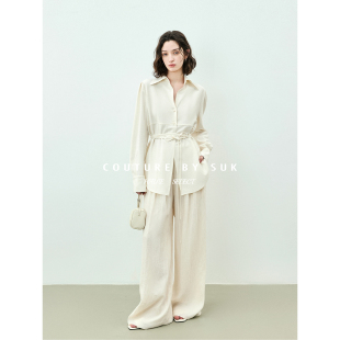 女长袖 极简风翻领系带收腰衬衫 休闲通勤百搭上衣 智感叠叙 SUK