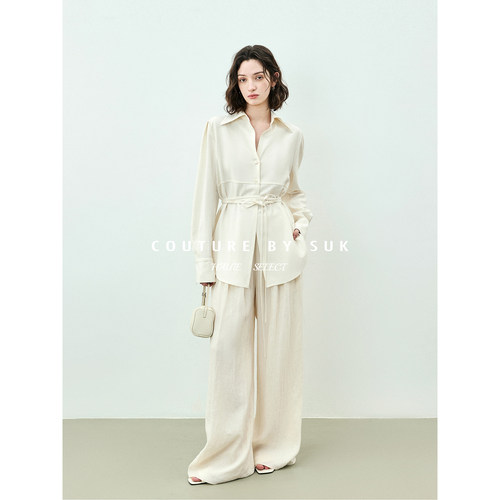 翻领系带收腰衬衫女百搭上衣