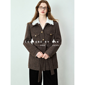 SUK 枫糖拿铁 复古金扣系带收腰宽肩四贴袋翻领羊毛毛呢外套女