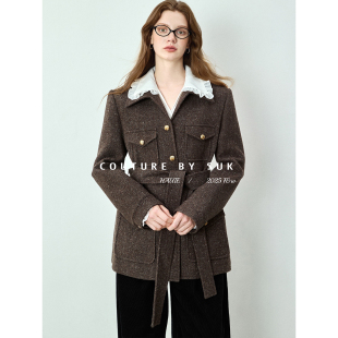 SUK 复古金扣系带收腰宽肩四贴袋翻领羊毛毛呢外套女 枫糖拿铁