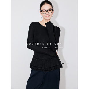 木耳花边修身 打底衫 针织衫 SUK 新款 圆领长袖 百搭秋季 女 精致理解