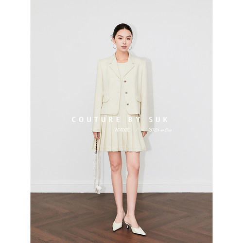 工字褶背心裙翻领外套时尚套装