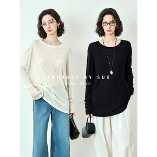 面膜T恤女宽松圆领上衣简约百搭 羊毛天丝纯色长袖 SUK 自在呼吸