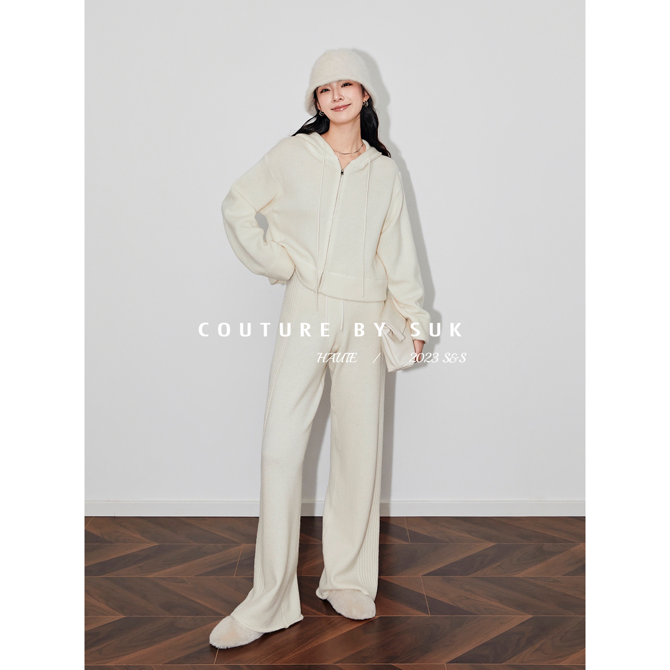 SUK 焦糖玛奇朵！慵懒套装舒适羊毛针织上衣连帽开衫阔腿裤两件套