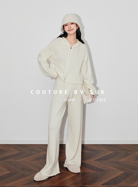 SUK 焦糖玛奇朵！慵懒套装舒适羊毛针织上衣连帽开衫阔腿裤两件套