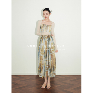 【现货】SUK 山水如墨染！水墨色印花拼接上衣花苞裙半身裙女套装