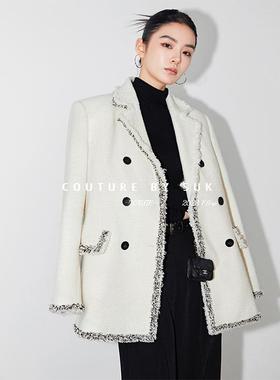 SUK 茜茜公主！秋季新款小香风毛呢外套女时尚气质西装领白色