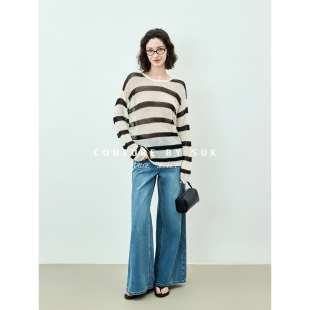 T恤女圆领防晒宽松套头罩衫 休闲百搭长袖 慵懒上衣 条纹丝绪 SUK