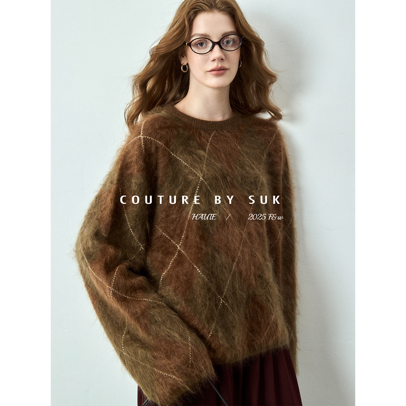 SUK 巴黎假日! 100%羊绒复古时髦宽松显瘦英伦风格子圆领毛衣