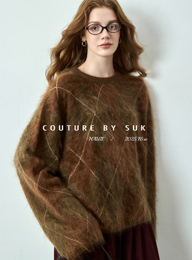 SUK 巴黎假日! 100%羊绒复古时髦宽松显瘦英伦风格子圆领毛衣