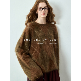 子圆领毛衣 100%羊绒复古时髦宽松显瘦英伦风格 SUK 巴黎假日