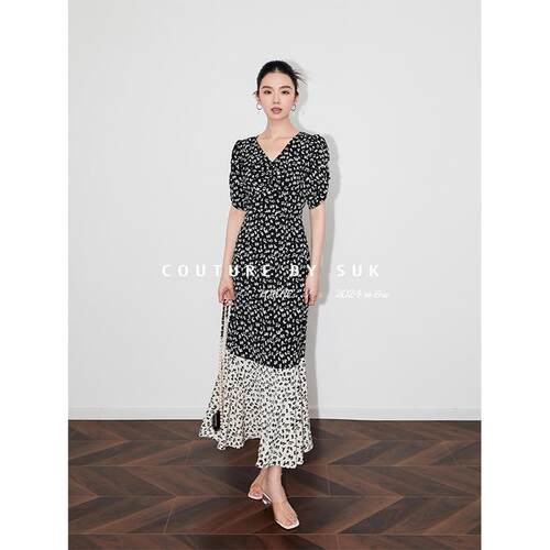 SUK 飞花流影！2025夏季新款碎花裙法式优雅长裙黑色收腰连衣裙女