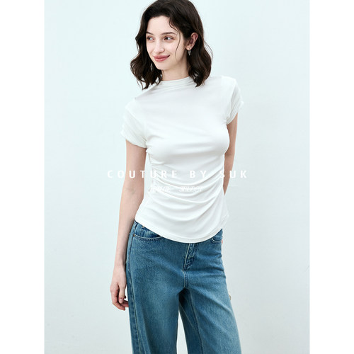 花苞袖圆领修身收腰短袖T恤