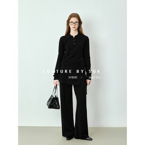 SUK 时尚摩登！ 100%羊毛翻领三粒扣针织衫假两件裙裤两件套装女