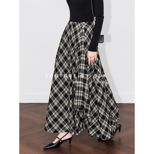 SUK 不规则复古设计感小众遮肉显瘦复古羊毛格子裙女 率性摇曳