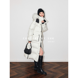 下摆开叉貉子毛领可脱卸长款 撞色中长款 羽绒服女冬 雪域之心 SUK