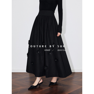 SUK 超重工秋冬高密立体花朵半裙伞裙高腰百褶半身裙 点点繁星