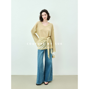 女长袖 SUK V领针织罩衫 半透视三角巾薄款 宽松防晒上衣 浮纱千面