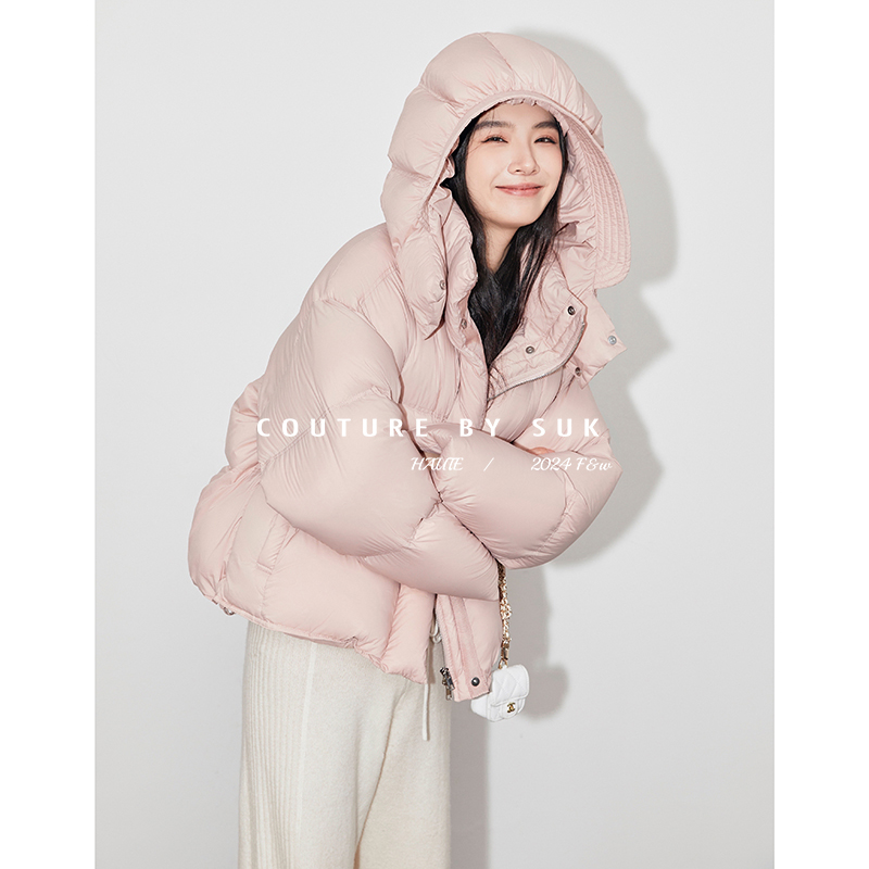 SUK 少女美学！2025冬季新款加厚连帽宽松面包服90白鹅绒羽绒服女