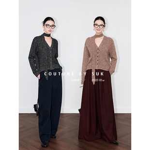 马甲飘带套装 SUK 翻领无袖 100%绵羊毛针织单排扣开衫 女 暮秋系带