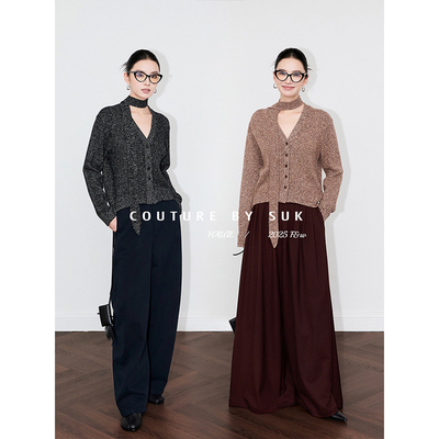 SUK 暮秋系带！100%绵羊毛针织单排扣开衫翻领无袖马甲飘带套装女