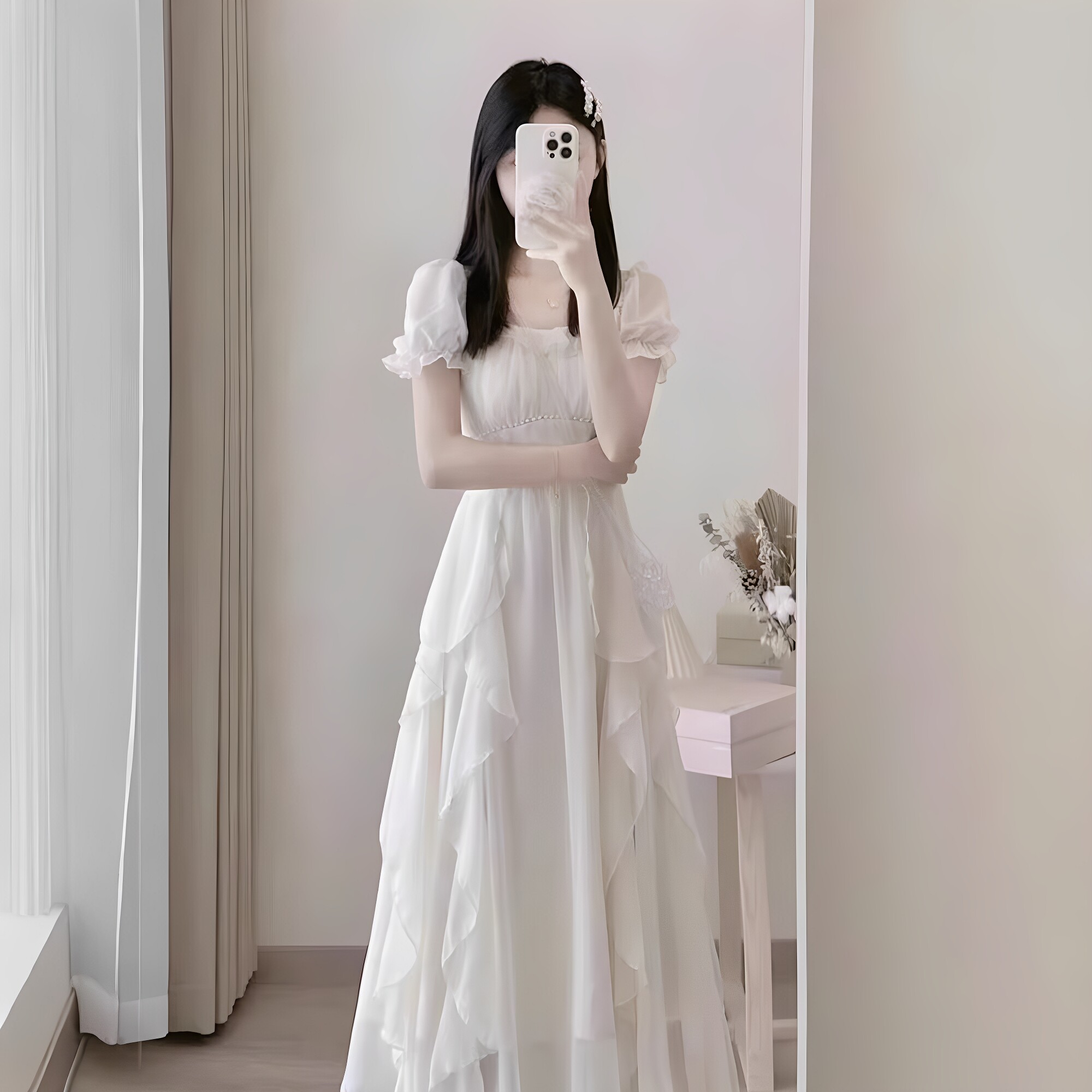 白色方领甜美温柔仙女风连衣裙女夏季新款女装收腰显瘦中长款裙子
