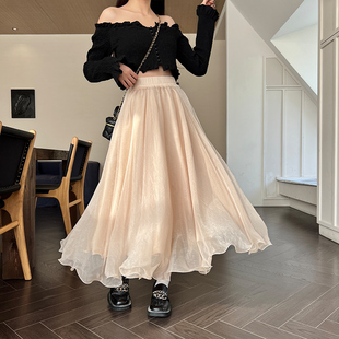 新款 8米大摆超仙女波浪边网纱显瘦飘逸雪纺闪闪光泽长裙子半身裙