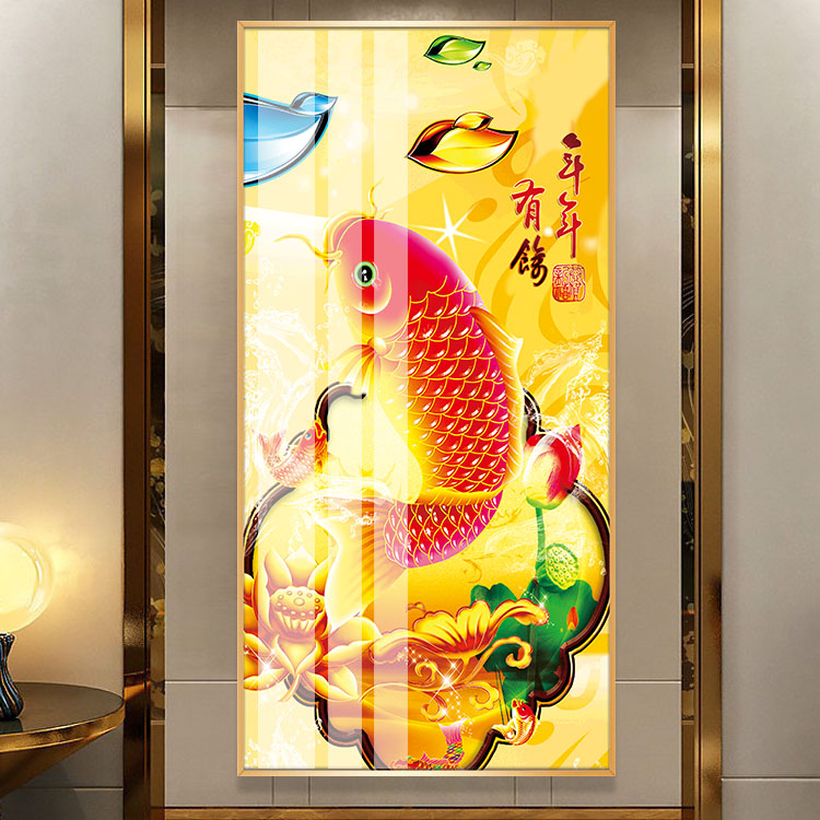金黄色年年有余装饰画红色鲤鱼跃龙门晶瓷画家庭入户玄关竖版挂画图片