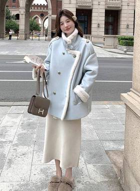 蓝色c159- 76羊羔外套女冬0短款皮毛一体225新款加绒厚棉服毛绒毛