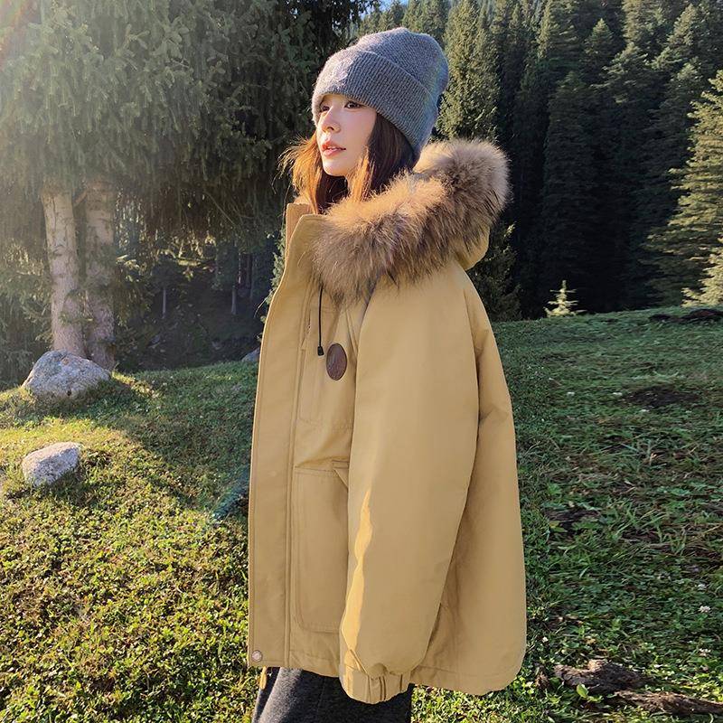 黄色羽绒服女2025冬计新款设感大毛工装b159-713派克服炸街白鸭绒