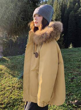 黄色羽绒服女2025冬计新款设感大毛工装b159-713派克服炸街白鸭绒