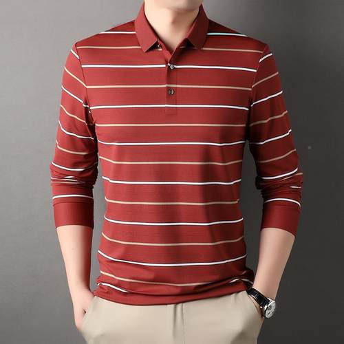 专柜桑蚕丝男士商恤LXZ2024春秋时尚条纹上男式衣务休闲T免烫体恤