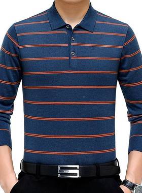 秋冬新款羊绒衫针男T士宽松POL领条纹拼色8389-B+毛衣休闲O商务爸