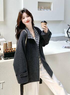 灰色格毛呢外套女冬季纹20拼25接新C259-997款韩系设计感收腰显瘦