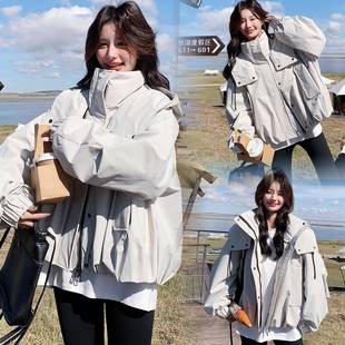 灰白色工装连羽绒服女短20款25冬新款韩版0加厚减龄9白D006-733帽