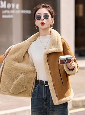 系时尚款仿羔毛短外套女20韩ZYING89725冬季新翻领皮毛一体保暖棉