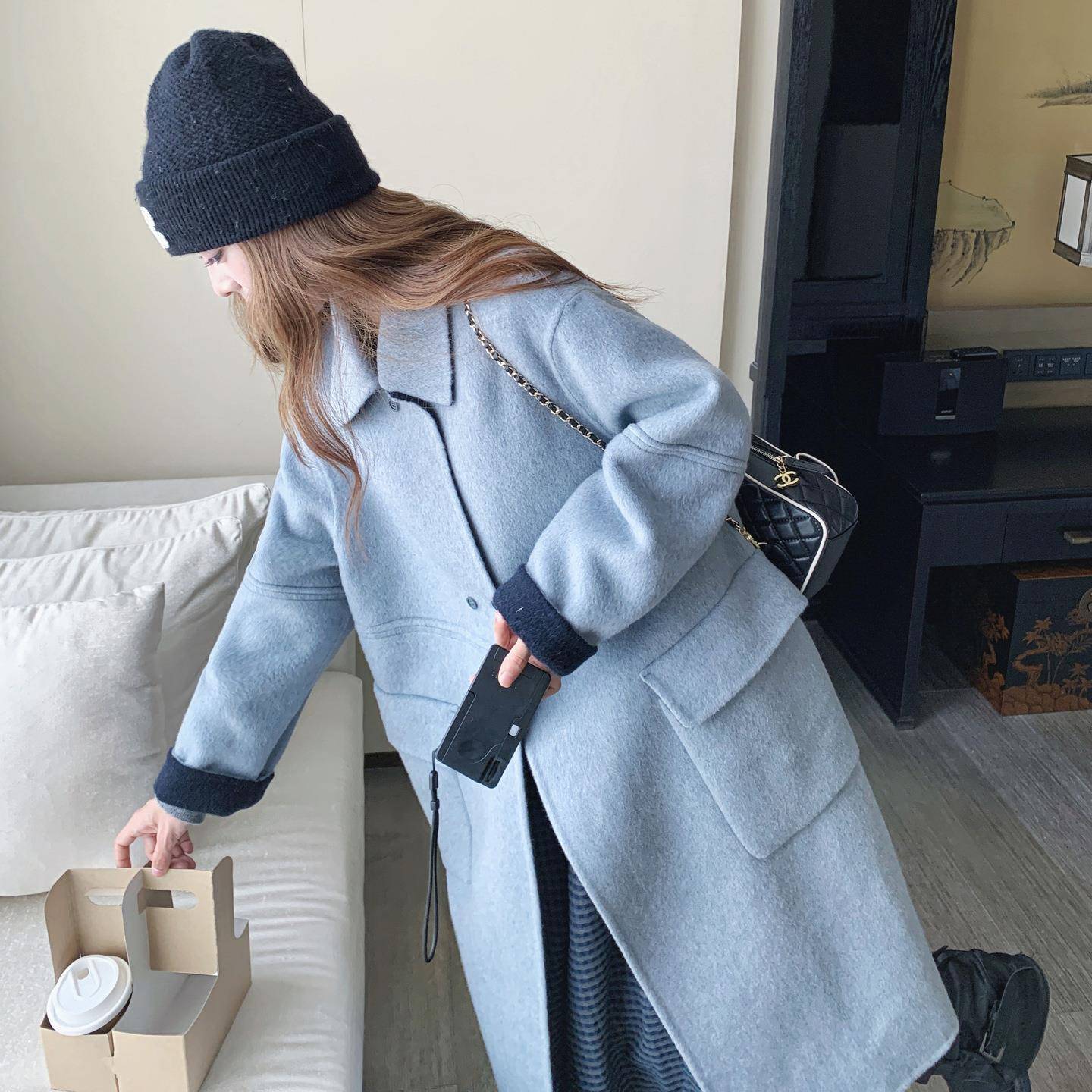 蓝简约色气质羊毛大衣女中长款宽20252B187-AD冬新松款韩版过膝双