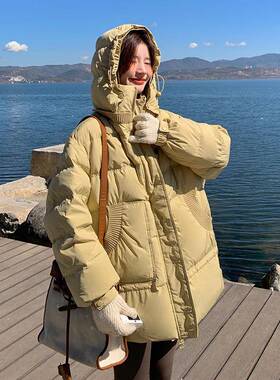 黄色针0织拼连设接短款c186-711羽绒服女224冬韩系计感保暖帽90白